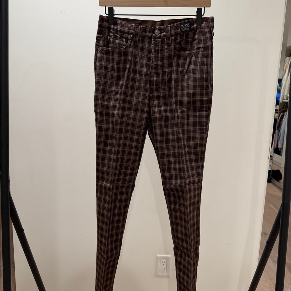 Versace Checkered Trousers in Brown and Purple